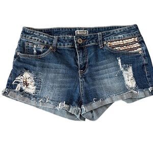 Sound girl Patchwork Raw Hem Cutoff Denim Jean Boho Hippie Shorts 13